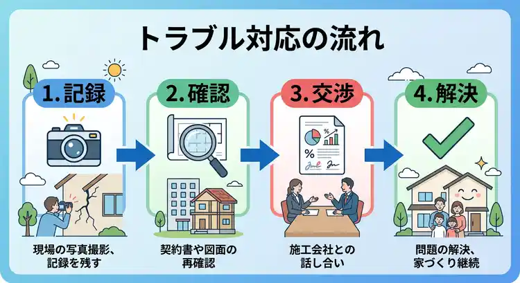 施工トラブル対応の流れを示すイラスト
