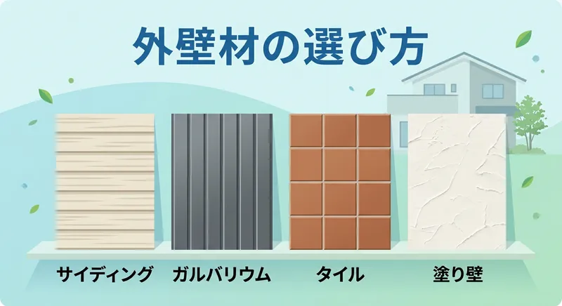注文住宅の外壁材4種類（サイディング・ガルバリウム・タイル・塗り壁）の比較イラスト