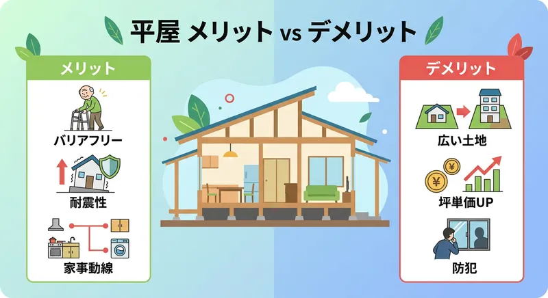平屋のメリットとデメリットを比較した図解