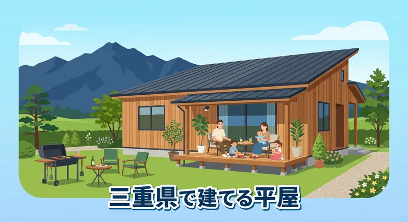 三重県の郊外に建つおしゃれな平屋住宅と庭でくつろぐ家族