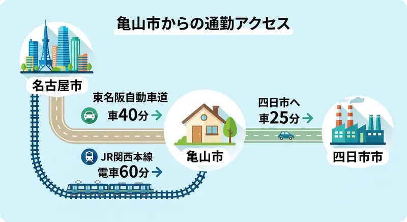 亀山市から名古屋・四日市への通勤アクセス図
