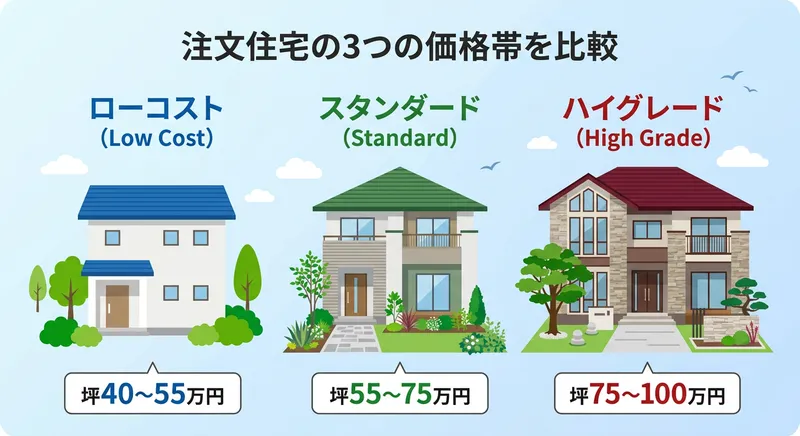 注文住宅の坪単価別グレード比較イラスト