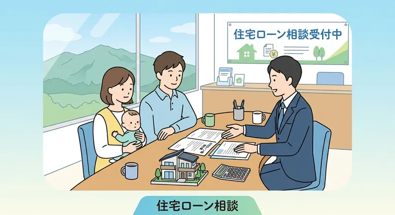三重県で住宅ローン相談をする家族のイラスト