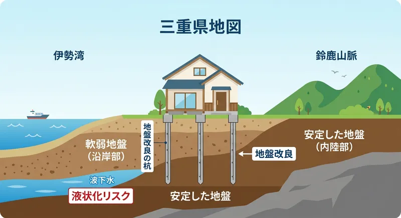 三重県の地盤改良と住宅の断面図イラスト